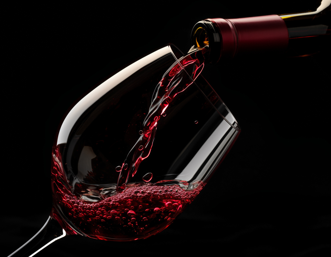 Red wine is being poured from a bottle into a tilted wine glass against a black background.