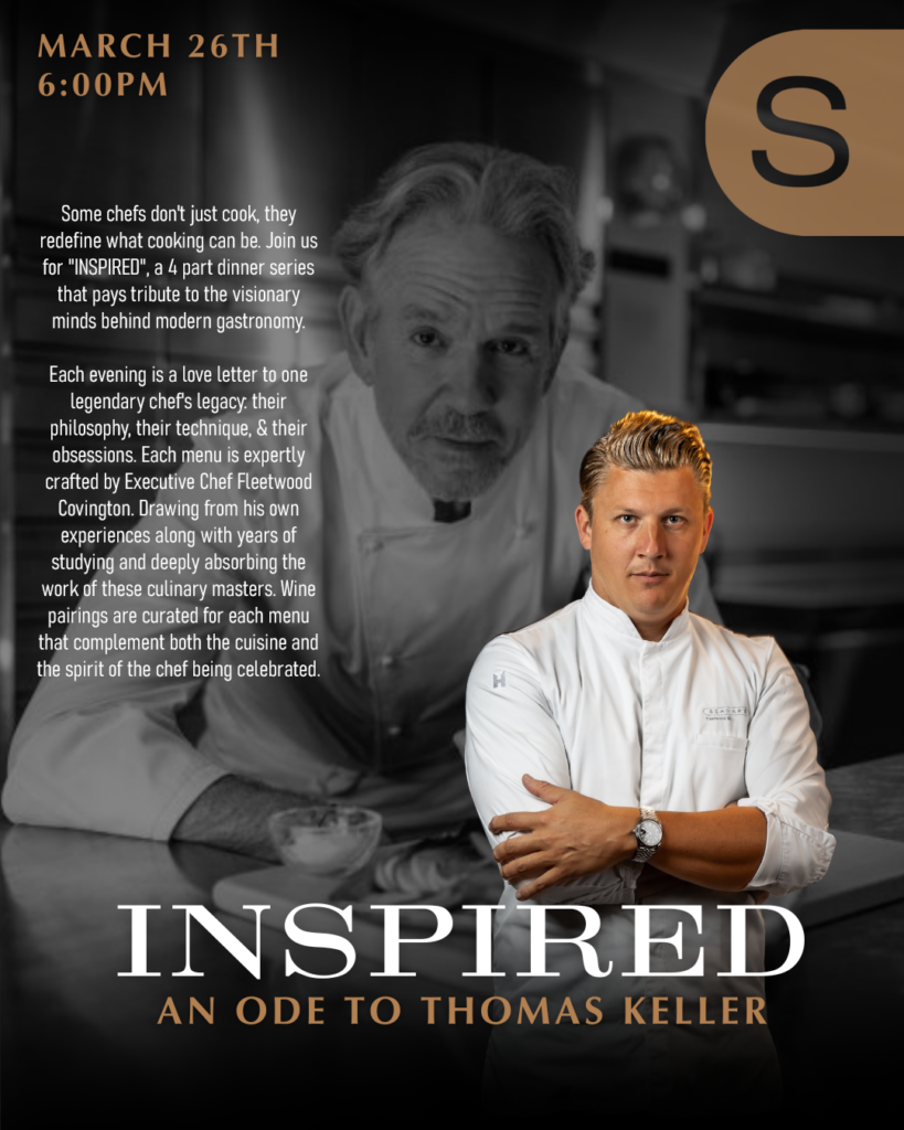 Chef in a white jacket stands with arms crossed in a modern kitchen, promoting the "INSPIRED: An Ode to Thomas Keller" event on March 26th at 6:00PM. Event details are displayed beside him.